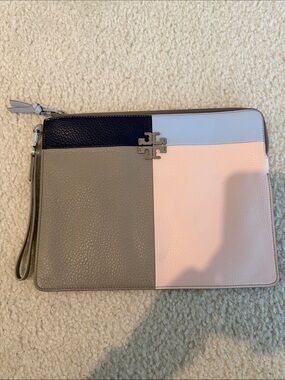 Tory Burch Colorblock Leather Wristlet in Navy, Light Blue, Gray and Pink